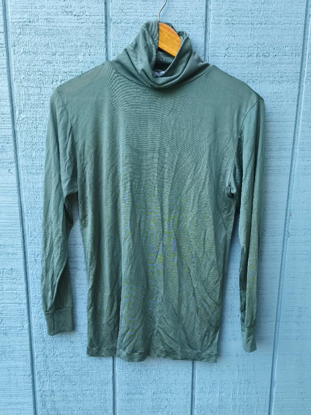 90s Wintersilks 100% Silk Sheer Turtleneck Knit Top sz M Green Quiet Lux Chic